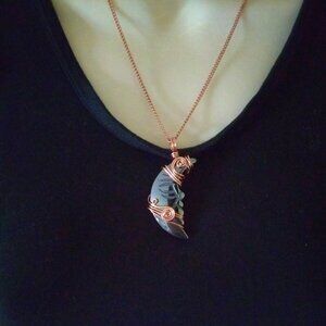 Wire Wrapped Carved Hematite Moon Pendant + 18" Chain! Grounding Clarity & Calm